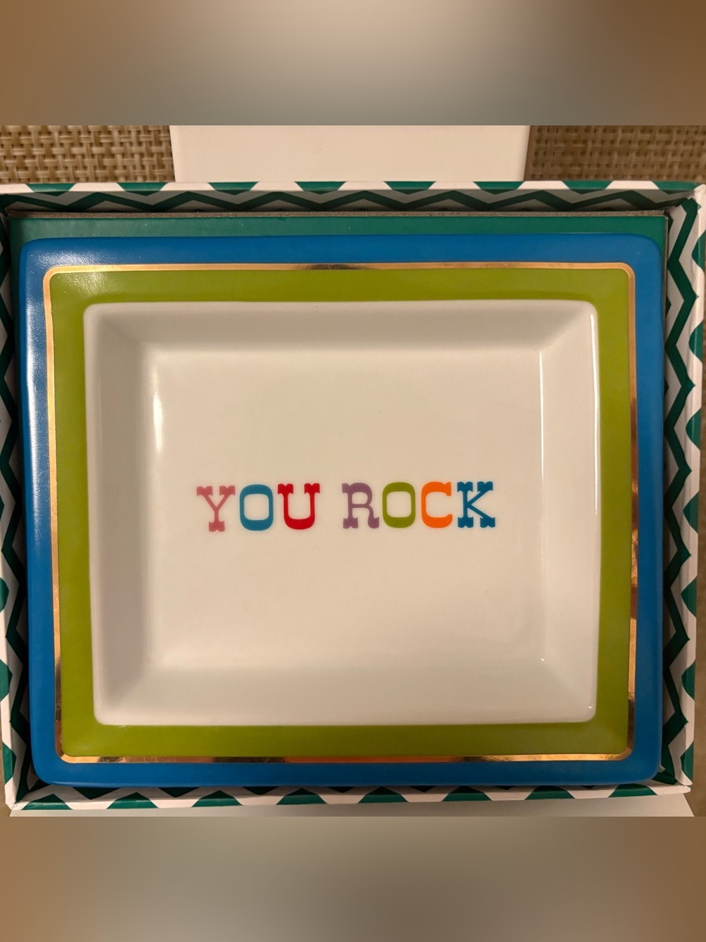 Two’s Company “You Rock” Porcelain Trinket Tray 5.5” x 6.5” w/ box bottom